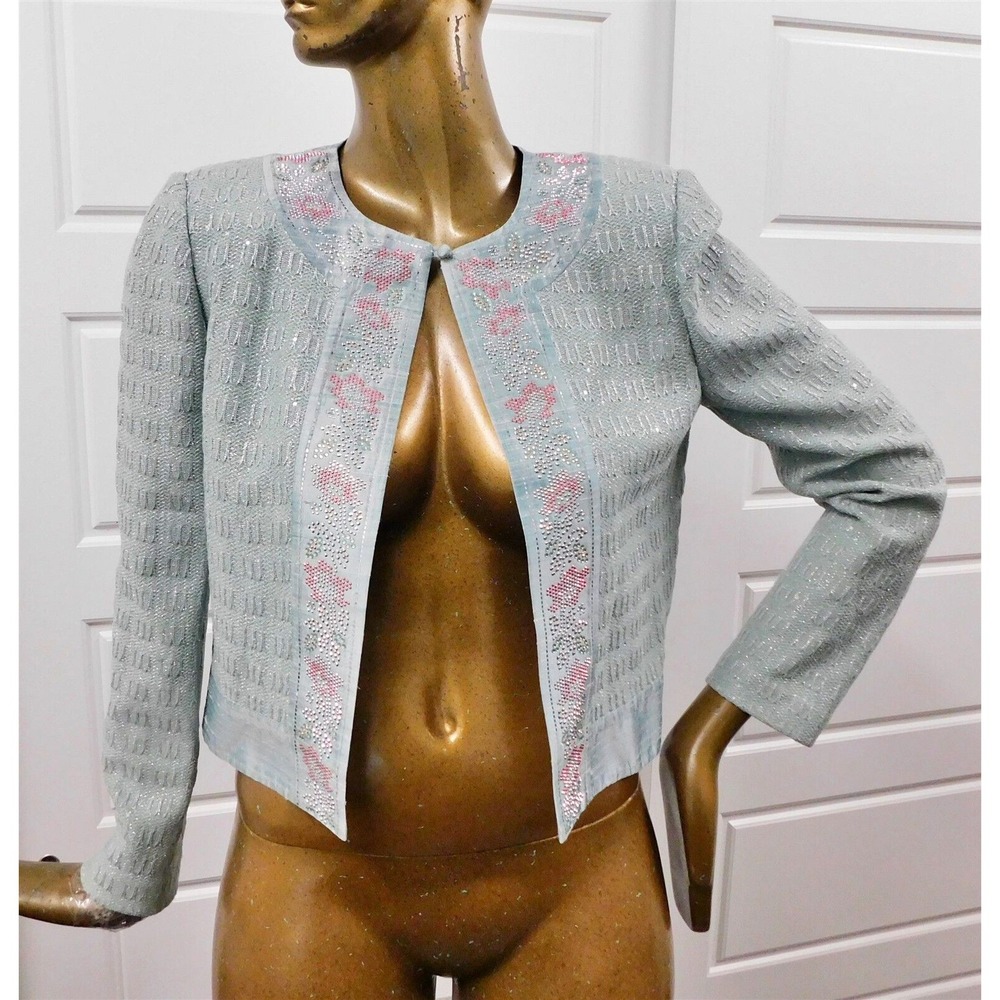 St John Blue Metallic Knit Jeweled Jacket‎ USA sz 8